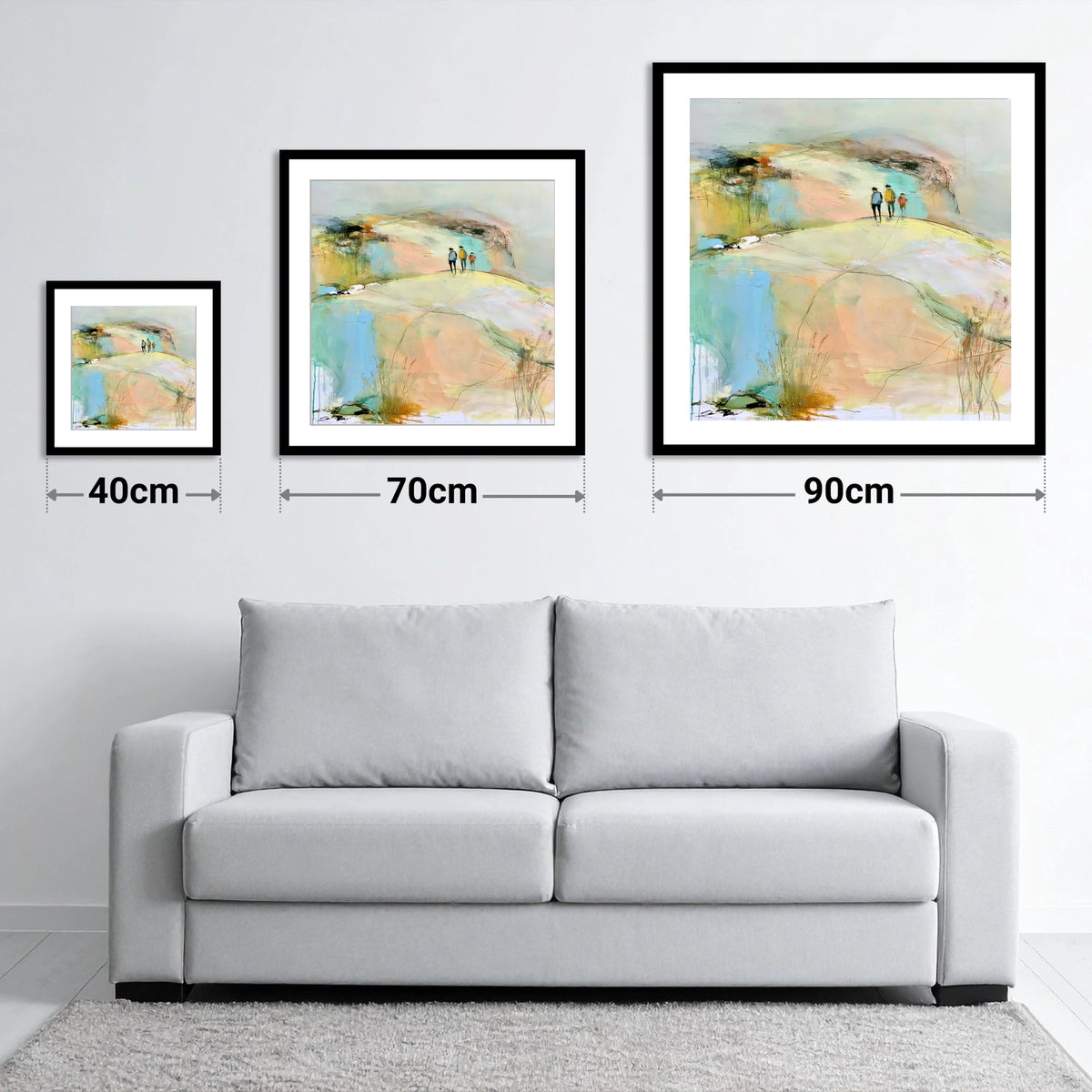 Hikers on the Pastel Fell - size guide showing 40cm, 70cm and 90cm art prints