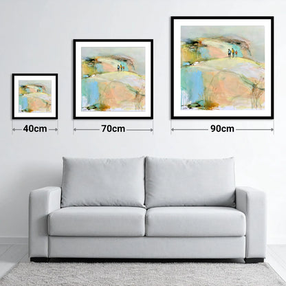 Hikers on the Pastel Fell - size guide showing 40cm, 70cm and 90cm art prints