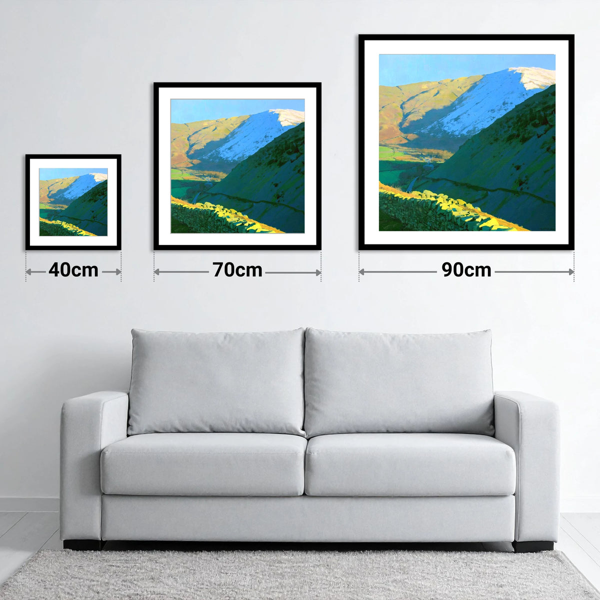 Seat Sandal Snowy Peak in Sunlight - size guide showing 40cm, 70cm and 90cm art prints