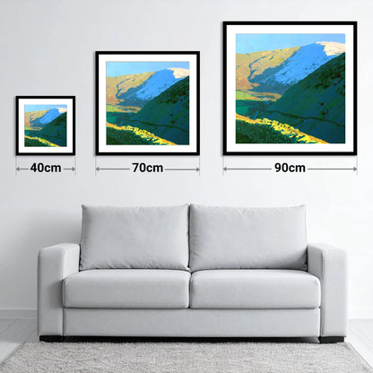 Seat Sandal Snowy Peak in Sunlight - size guide showing 40cm, 70cm and 90cm art prints