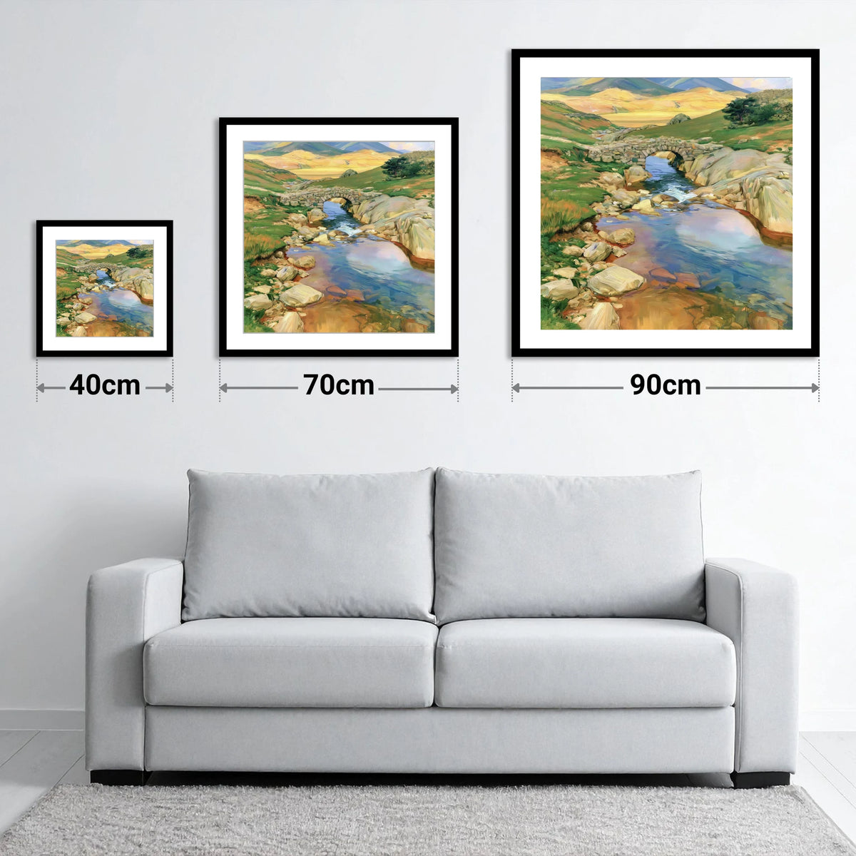 Stone Bridge Beneath Golden Fells - size guide showing 40cm, 70cm and 90cm art prints