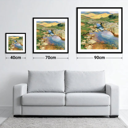 Stone Bridge Beneath Golden Fells - size guide showing 40cm, 70cm and 90cm art prints
