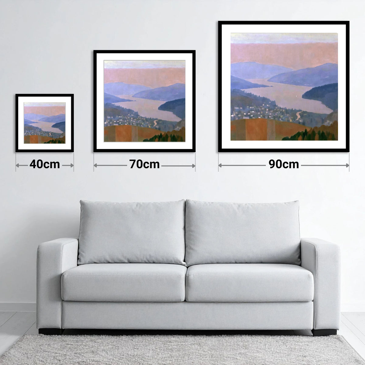 Ambleside and Lake in Pastel Dusk - size guide showing 40cm, 70cm and 90cm art prints