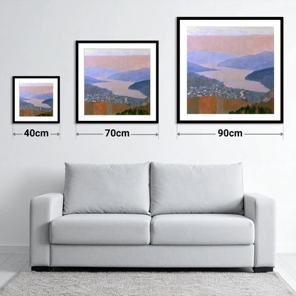 Ambleside and Lake in Pastel Dusk - size guide showing 40cm, 70cm and 90cm art prints