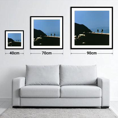 Hikers on a Sunlit Fell Ridge - size guide showing 40cm, 70cm and 90cm art prints