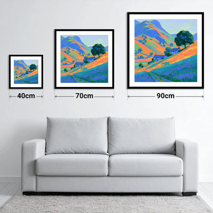 Fellside Cottages in Golden Evening Light - size guide showing 40cm, 70cm and 90cm art prints