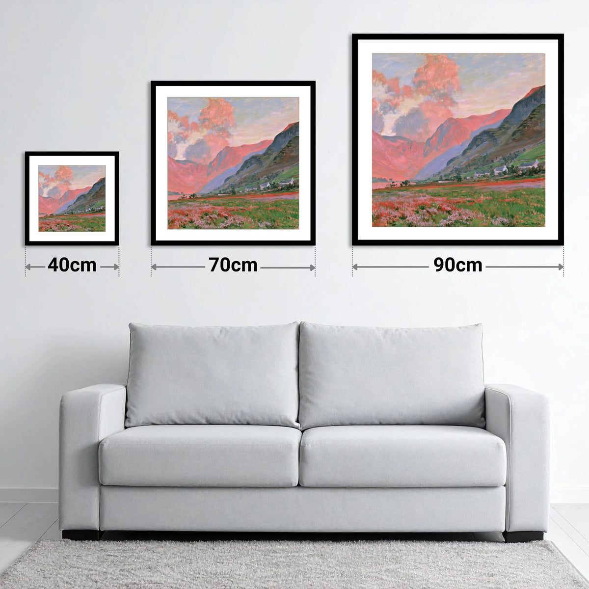 Radiant Pink Sunset Over Fells - size guide showing 40cm, 70cm and 90cm art prints