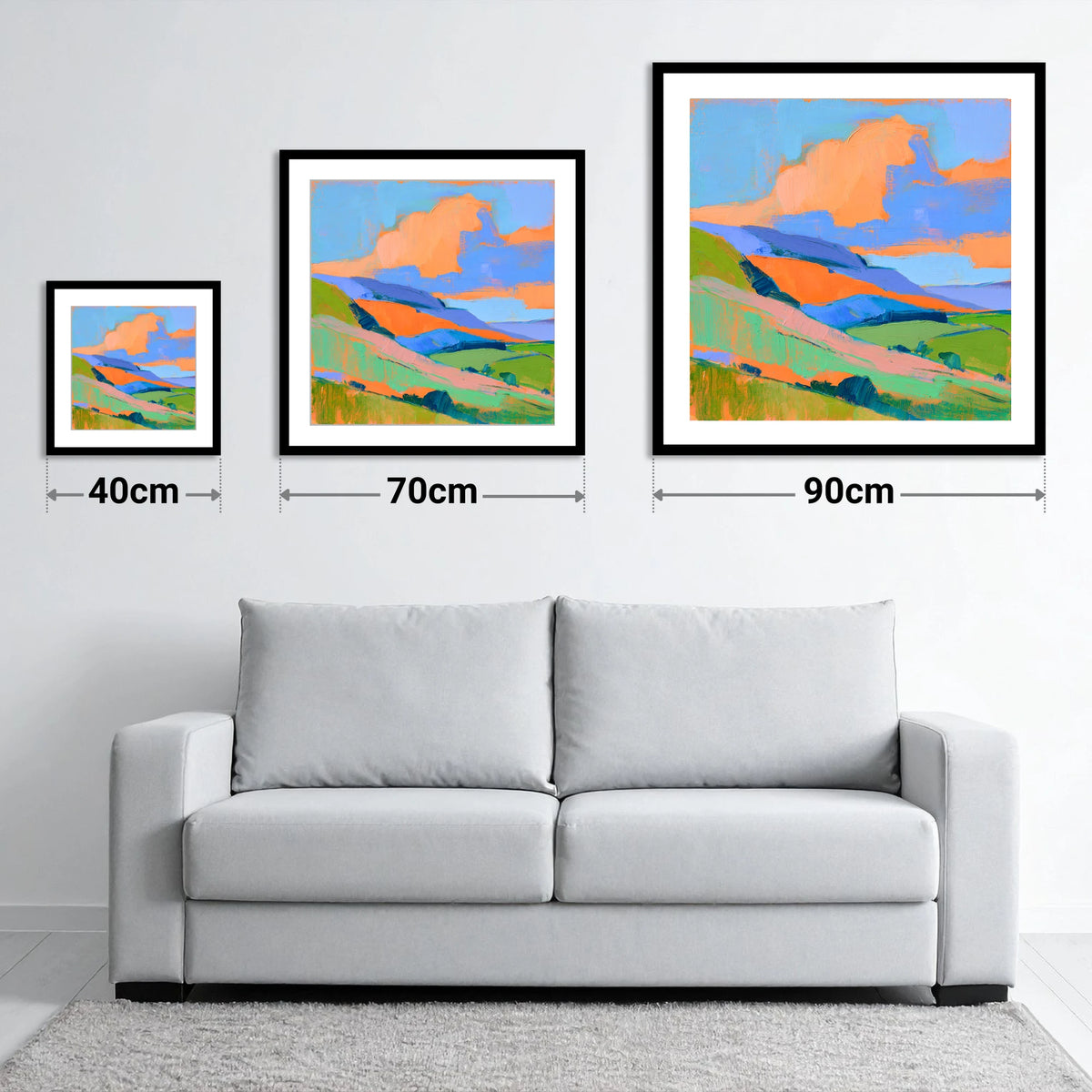 Orange Clouds Over Rolling Fells - size guide showing 40cm, 70cm and 90cm art prints