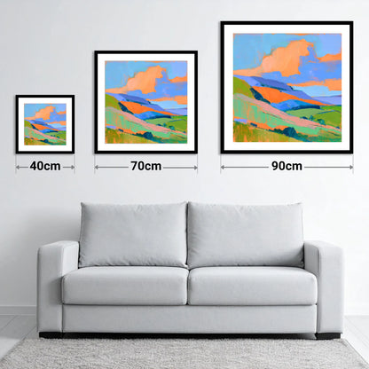 Orange Clouds Over Rolling Fells - size guide showing 40cm, 70cm and 90cm art prints