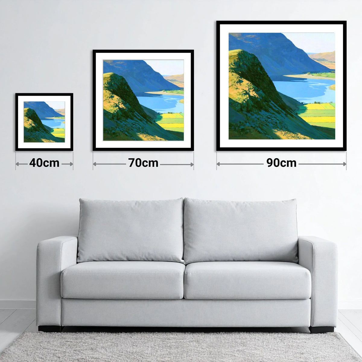 Sunlit Ridge of Rannerdale Knotts - size guide showing 40cm, 70cm and 90cm art prints