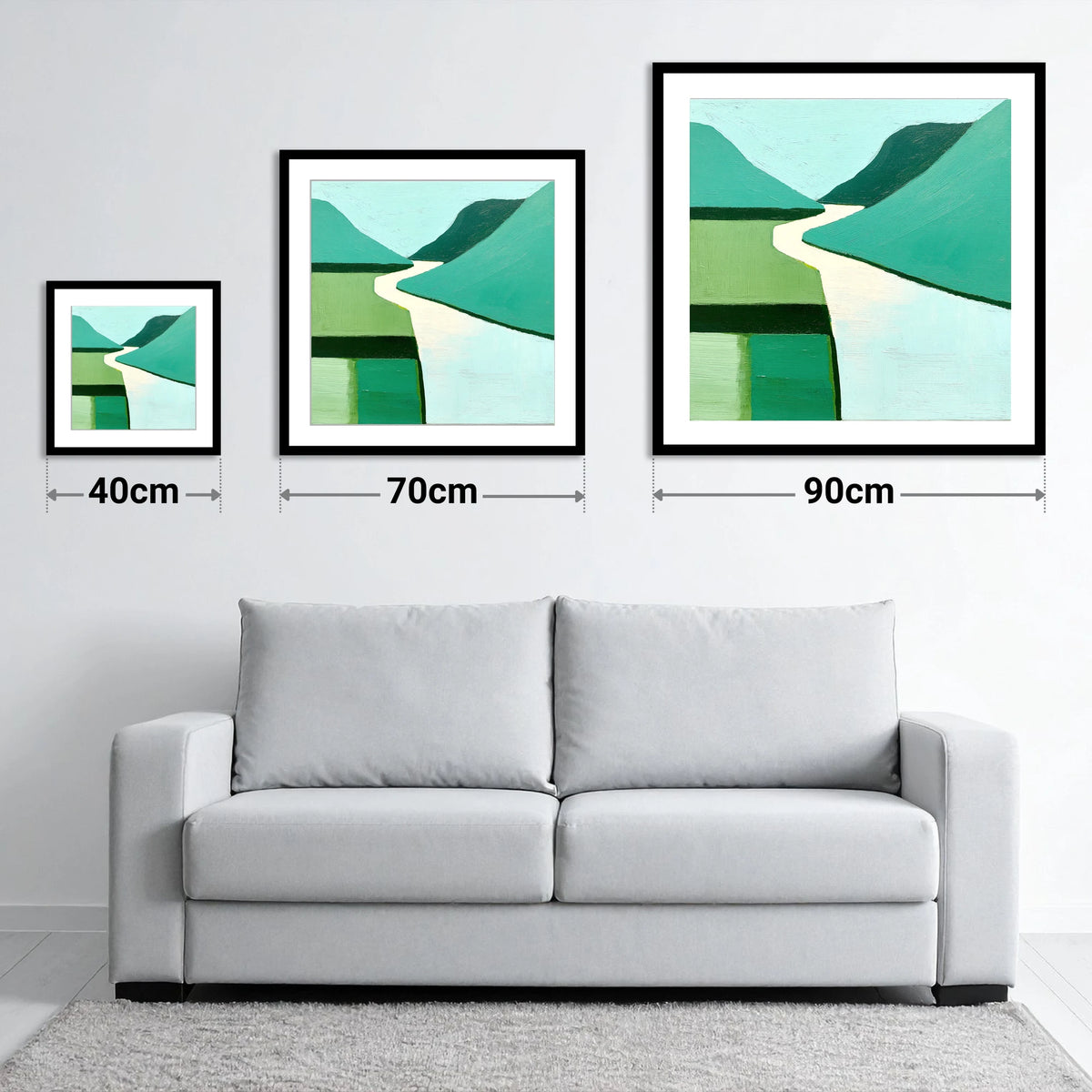 Abstract Green Wasdale Valley - size guide showing 40cm, 70cm and 90cm art prints