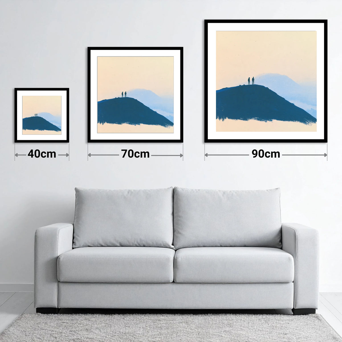Silhouetted Hikers on Blue Fells - size guide showing 40cm, 70cm and 90cm art prints