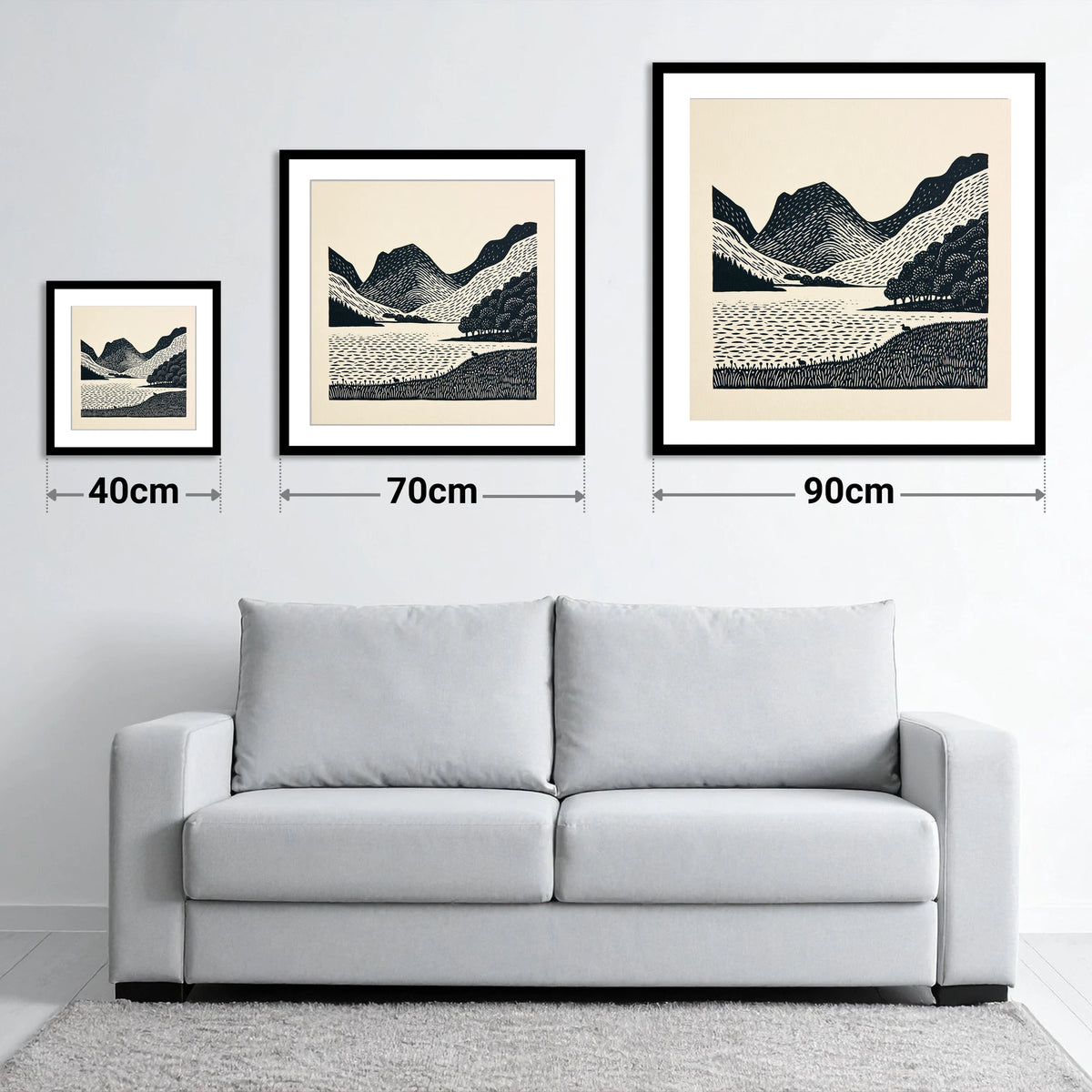 Bold Fells Above Buttermere - size guide showing 40cm, 70cm and 90cm art prints