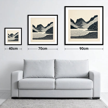 Bold Fells Above Buttermere - size guide showing 40cm, 70cm and 90cm art prints