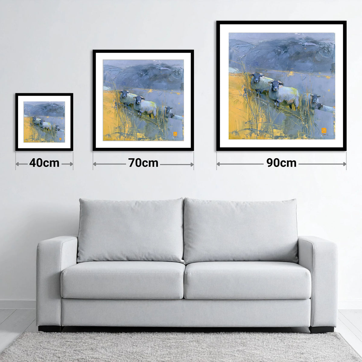 Herdwick Sheep Against Slate Fells - size guide showing 40cm, 70cm and 90cm art prints