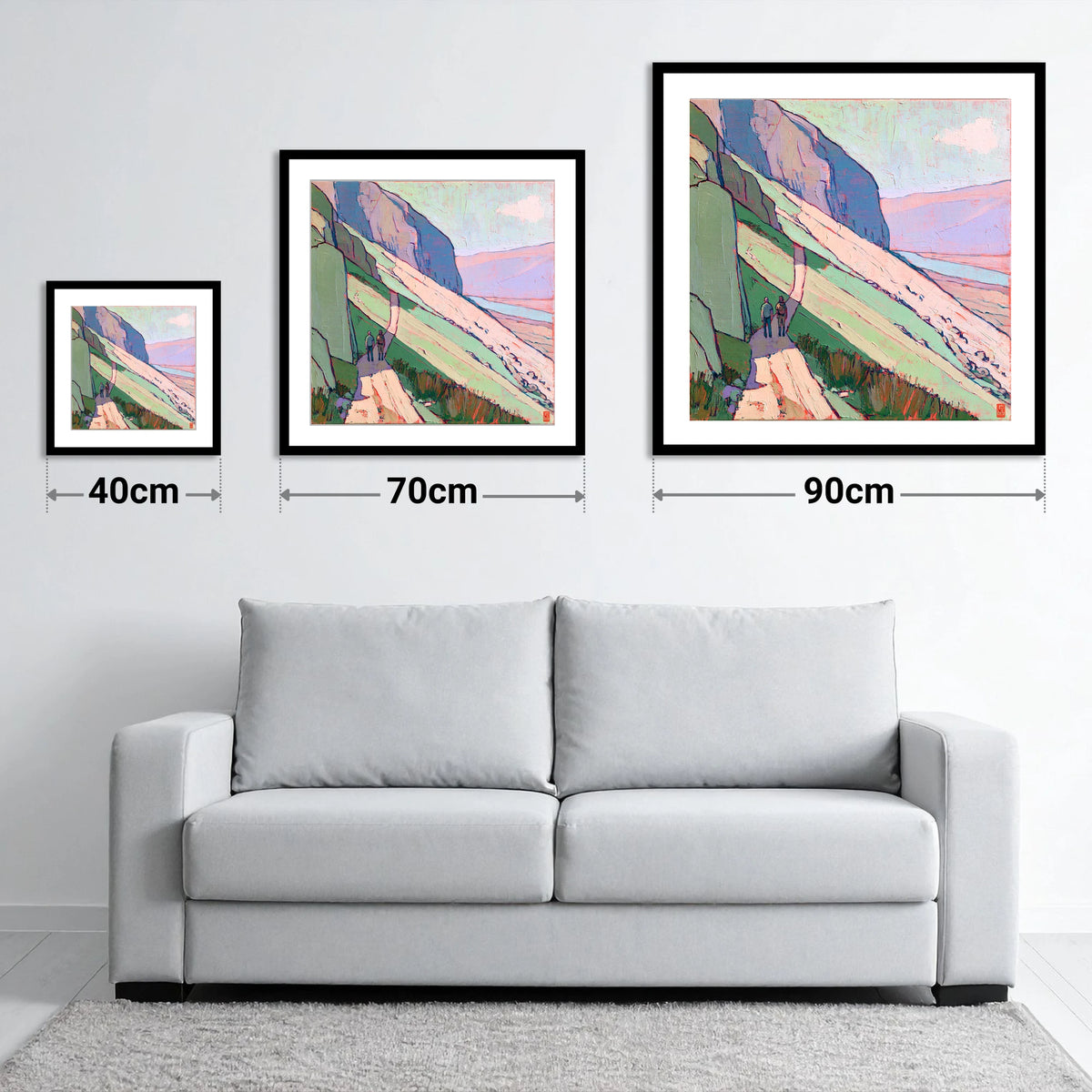 Textured Mountain Path With Walkers - size guide showing 40cm, 70cm and 90cm art prints