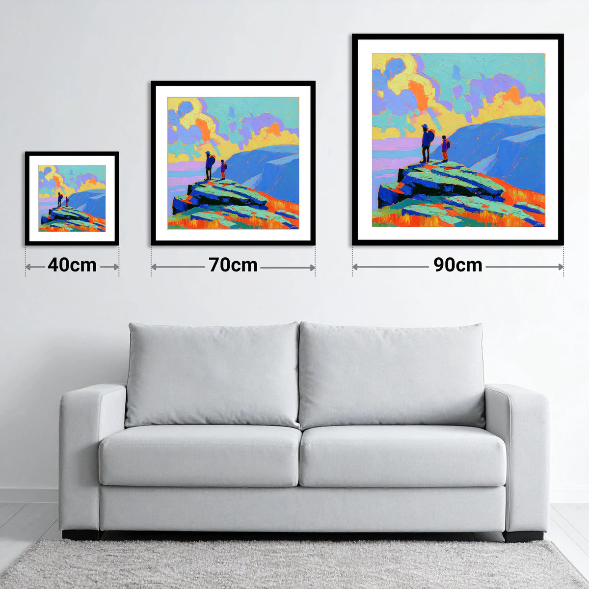 Hikers on a Vibrant Fell Summit - size guide showing 40cm, 70cm and 90cm art prints