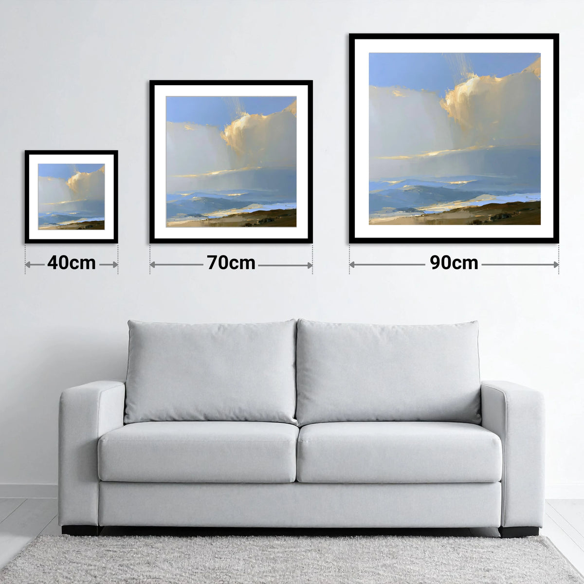 Sunlit Cloud Over Rolling Fells - size guide showing 40cm, 70cm and 90cm art prints