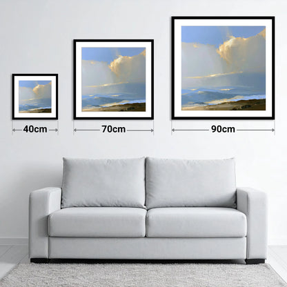 Sunlit Cloud Over Rolling Fells - size guide showing 40cm, 70cm and 90cm art prints