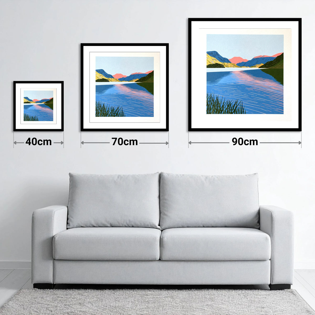 Coral Dawn over Still Lake - size guide showing 40cm, 70cm and 90cm art prints