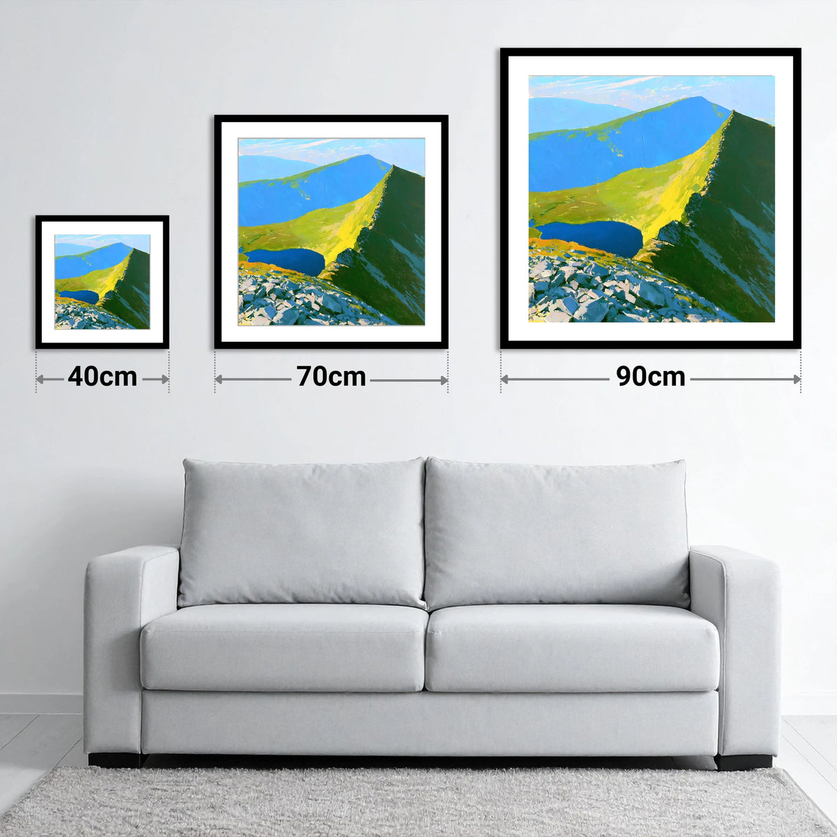 Vibrant Ridges above the Tarn - size guide showing 40cm, 70cm and 90cm art prints