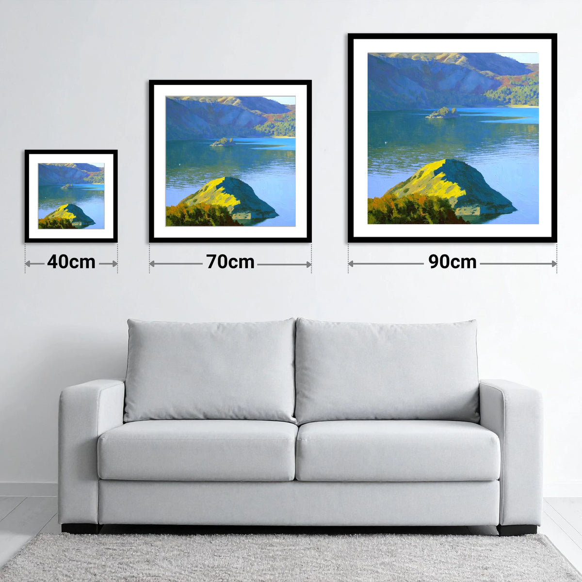 Sunlit Glenridding Dodd Crags - size guide showing 40cm, 70cm and 90cm art prints