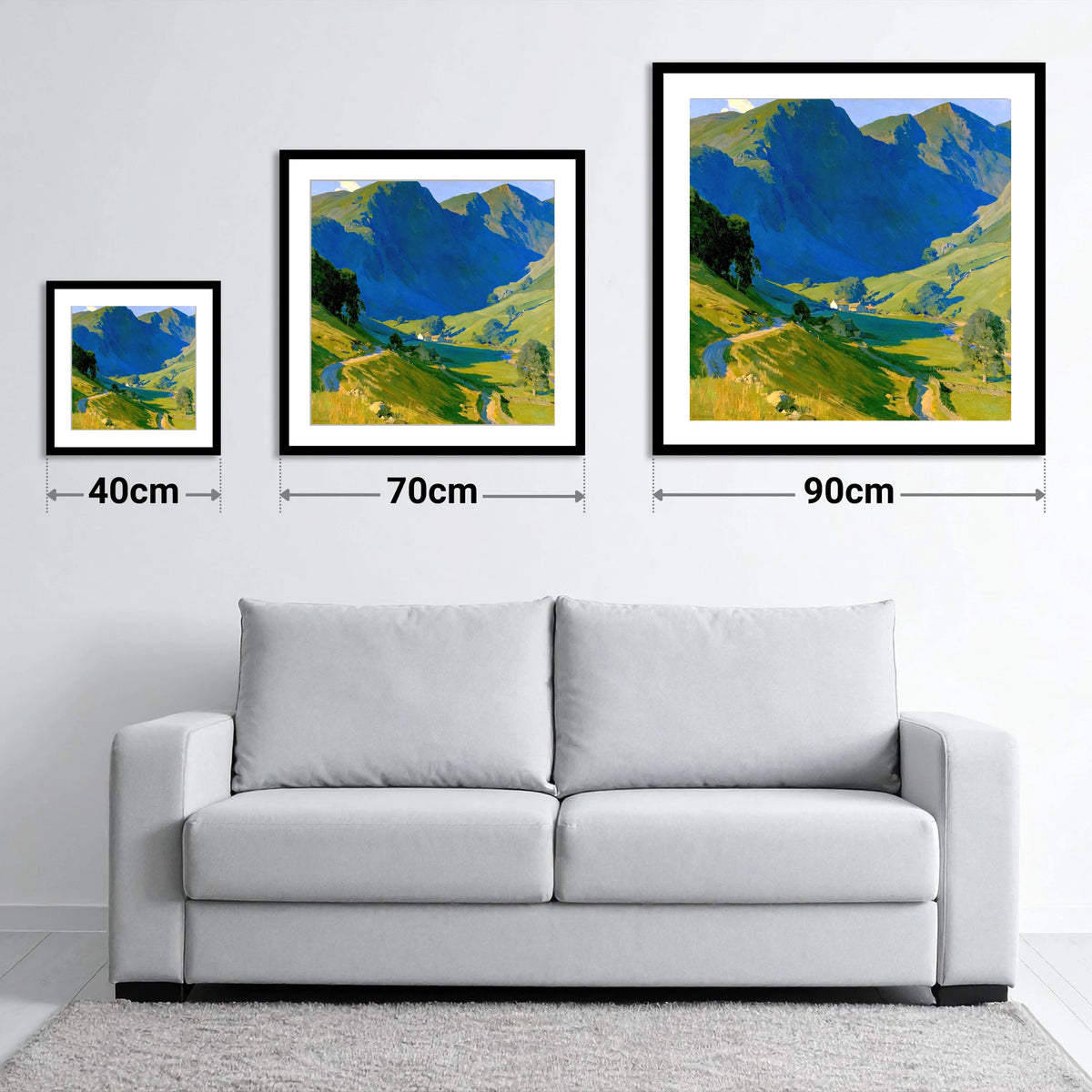 Valley Farm Beneath Blue Fells - size guide showing 40cm, 70cm and 90cm art prints