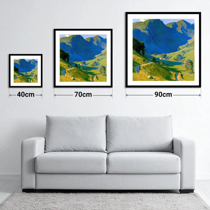 Valley Farm Beneath Blue Fells - size guide showing 40cm, 70cm and 90cm art prints