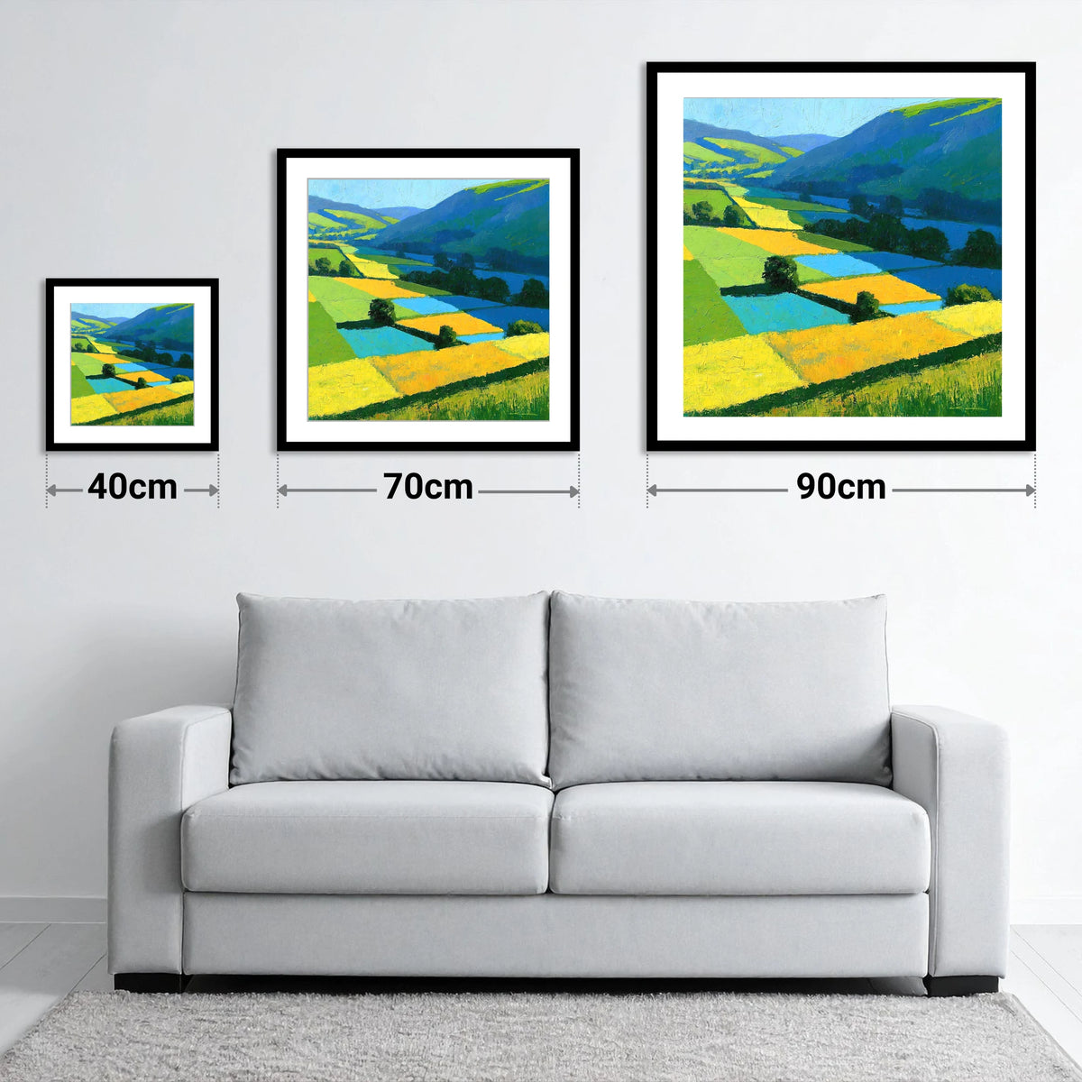 Cobalt And Yellow Dale Fields - size guide showing 40cm, 70cm and 90cm art prints