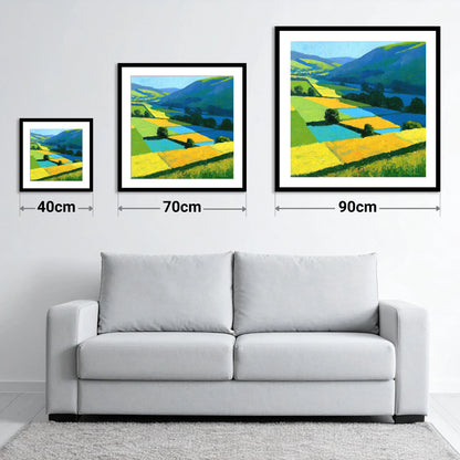 Cobalt And Yellow Dale Fields - size guide showing 40cm, 70cm and 90cm art prints