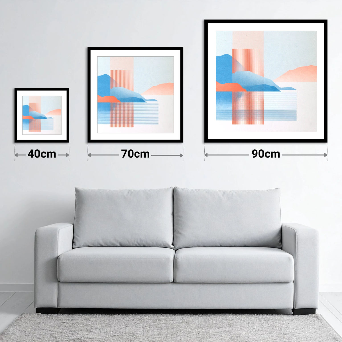 Derwentwater Fells Coral and Blue - size guide showing 40cm, 70cm and 90cm art prints
