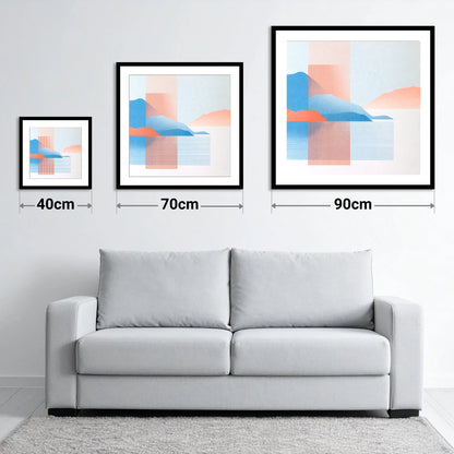 Derwentwater Fells Coral and Blue - size guide showing 40cm, 70cm and 90cm art prints