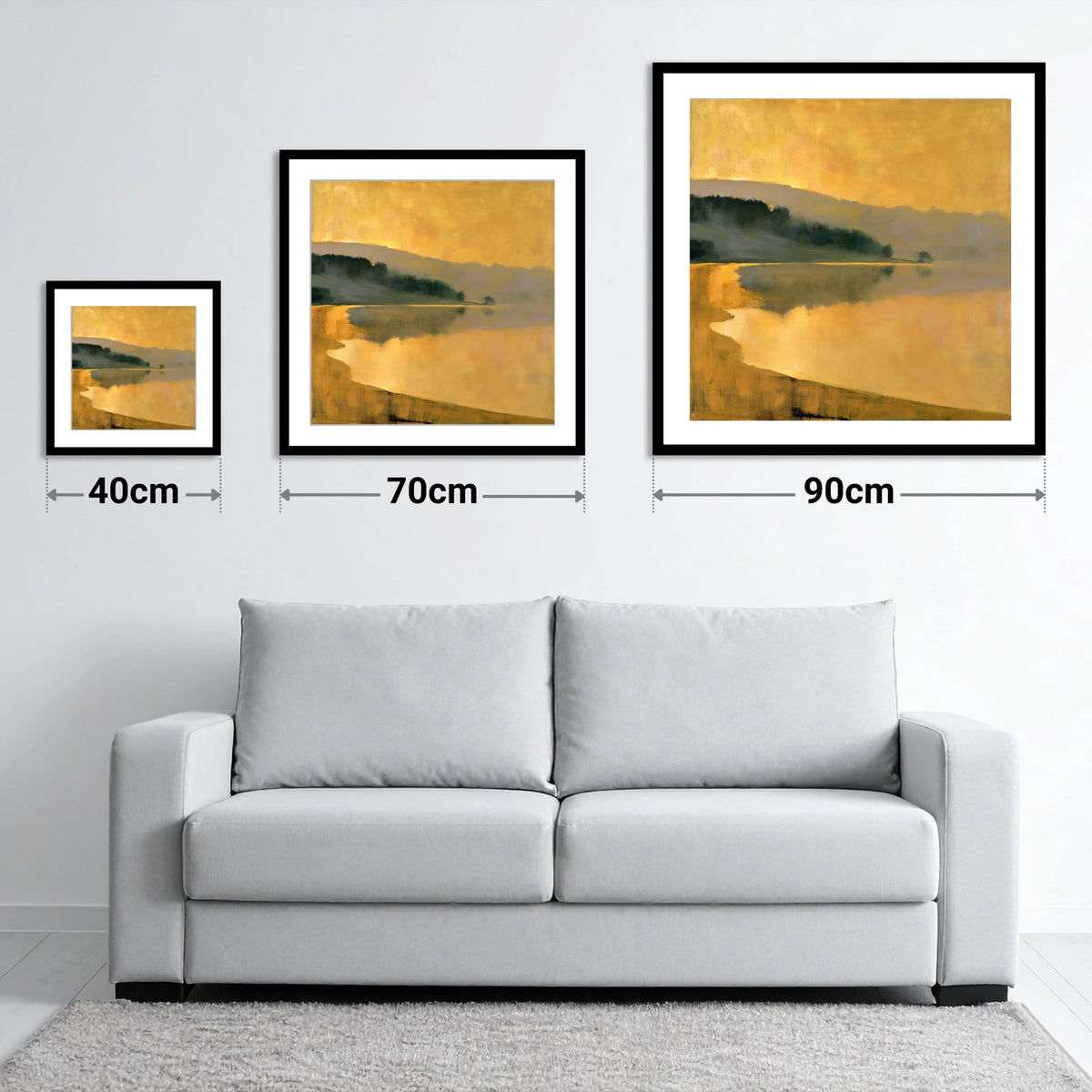 Ochre Dawn Over the Lake - size guide showing 40cm, 70cm and 90cm art prints