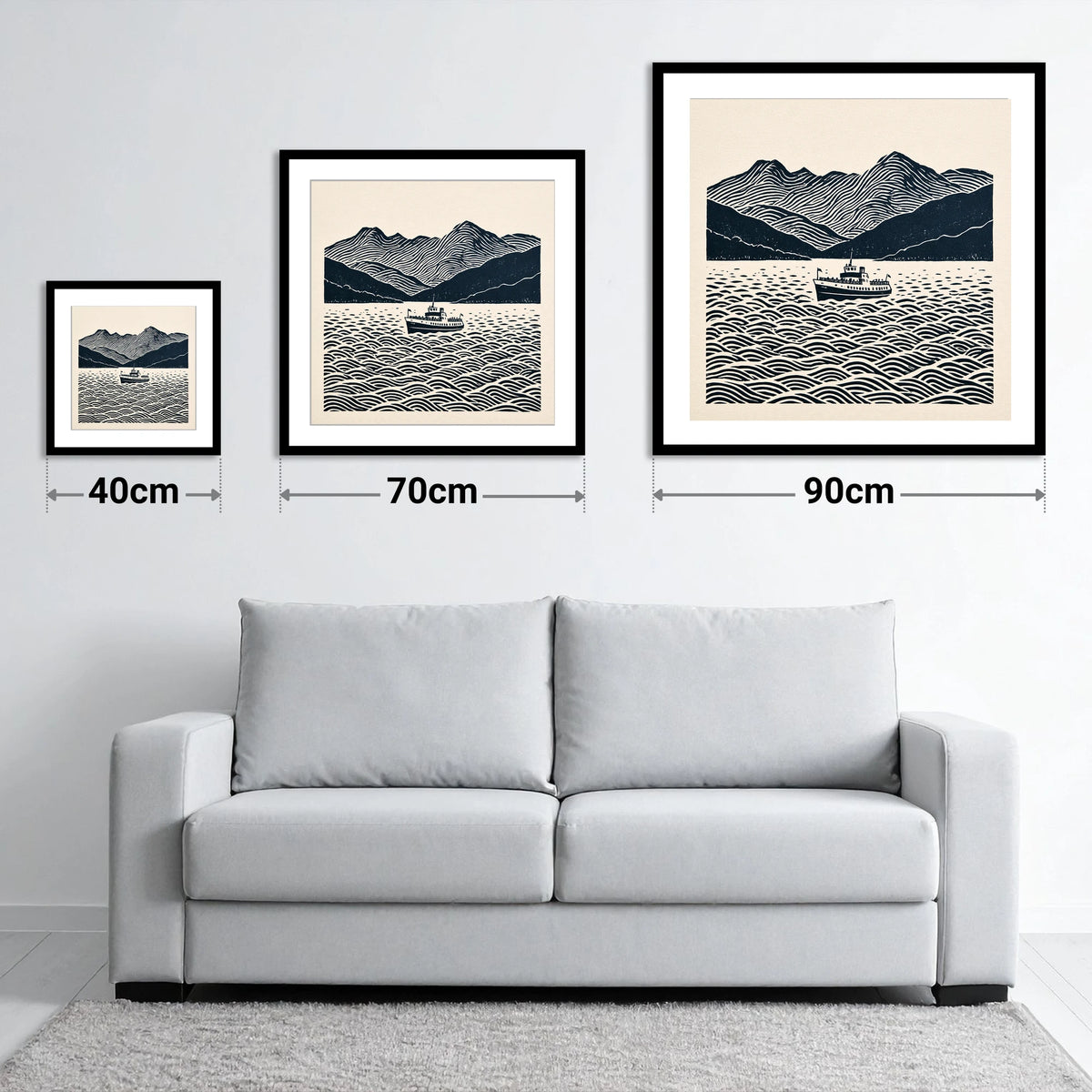 Windermere Cruiser Against Rhythmic Fells - size guide showing 40cm, 70cm and 90cm art prints