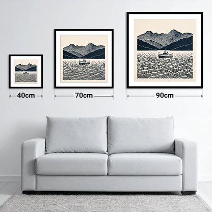 Windermere Cruiser Against Rhythmic Fells - size guide showing 40cm, 70cm and 90cm art prints