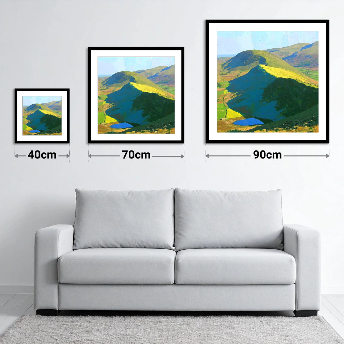 Vivid Sunlight On Beda Fell - size guide showing 40cm, 70cm and 90cm art prints