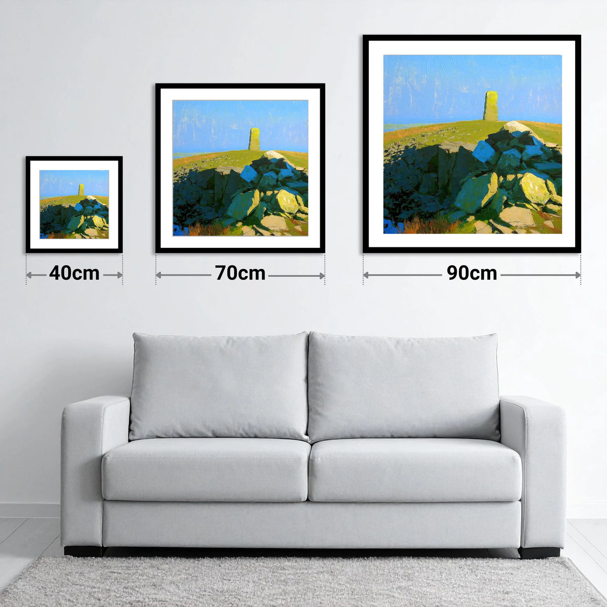Sunlit Pillar on Lank Rigg - size guide showing 40cm, 70cm and 90cm art prints