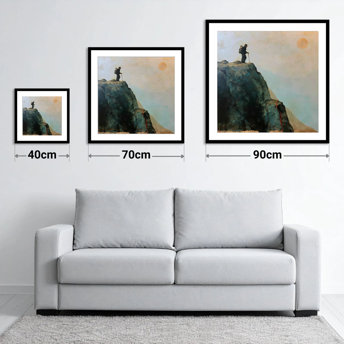 Striding Edge Silhouette and Golden Sun - size guide showing 40cm, 70cm and 90cm art prints