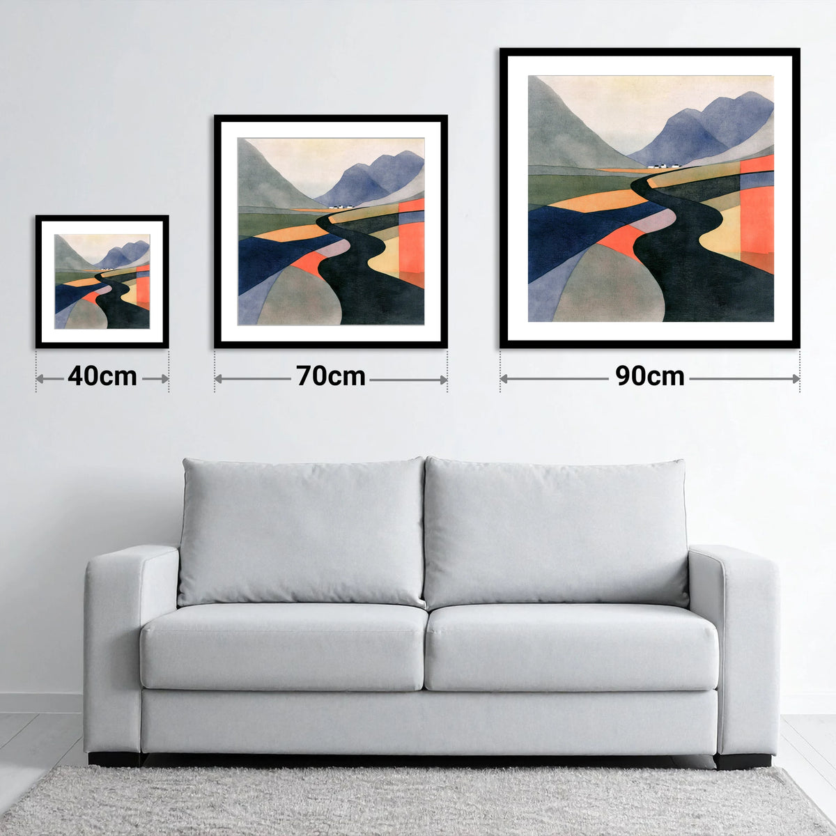 Winding River in Bold Colours - size guide showing 40cm, 70cm and 90cm art prints