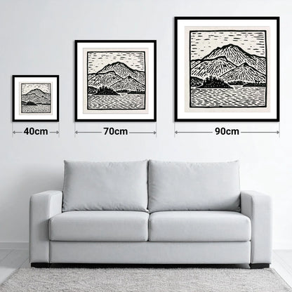 Graphic Monochrome Catbells Ridge - size guide showing 40cm, 70cm and 90cm art prints
