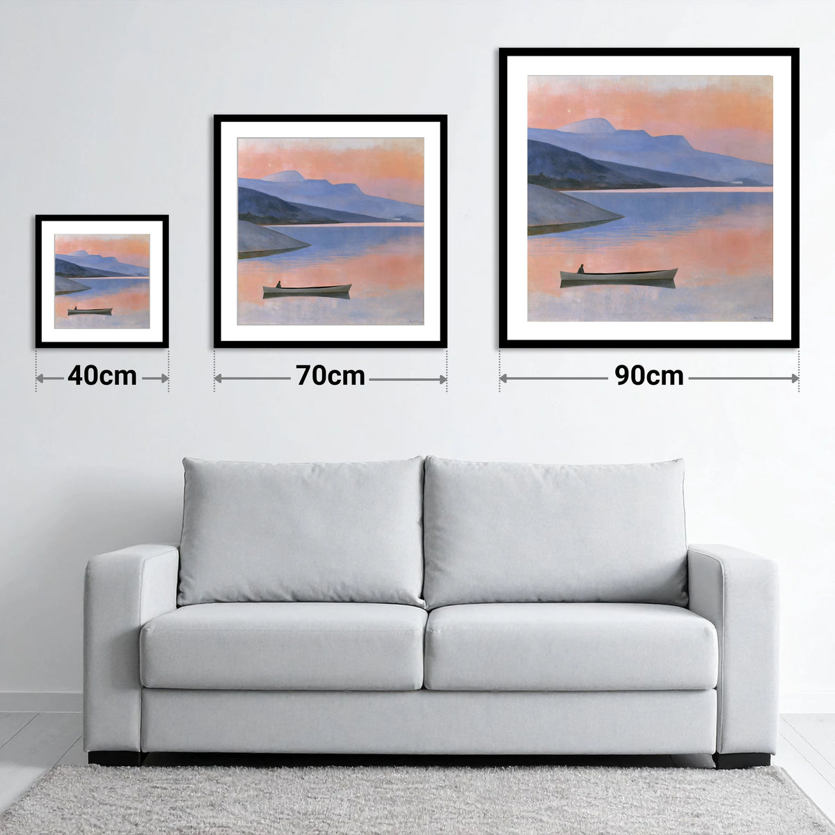 Twilight Lake with Lone Boat - size guide showing 40cm, 70cm and 90cm art prints