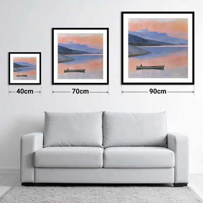 Twilight Lake with Lone Boat - size guide showing 40cm, 70cm and 90cm art prints