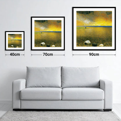 Golden Sky Over Easedale Tarn - size guide showing 40cm, 70cm and 90cm art prints