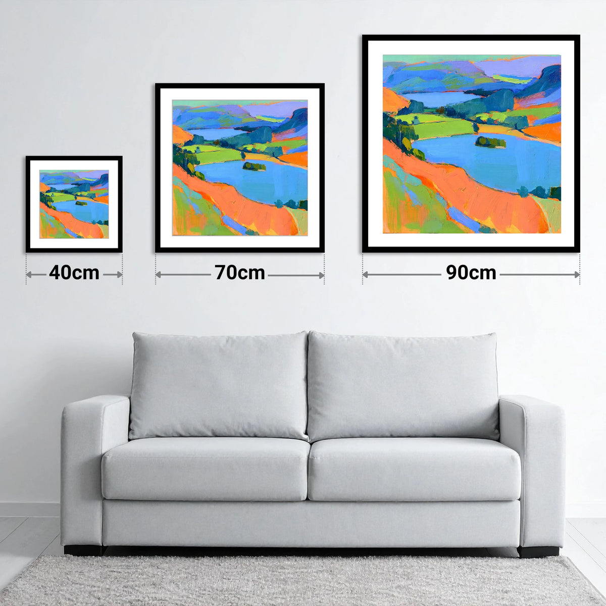 Vivid Bracken Above Grasmere - size guide showing 40cm, 70cm and 90cm art prints