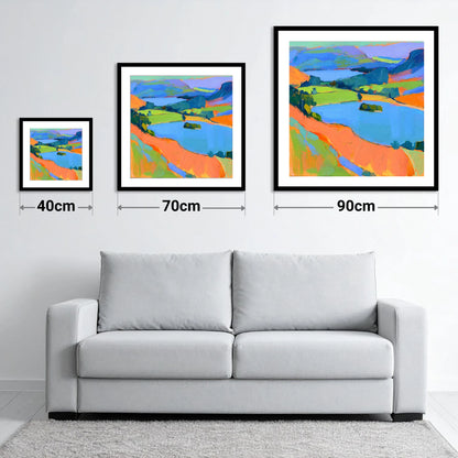 Vivid Bracken Above Grasmere - size guide showing 40cm, 70cm and 90cm art prints