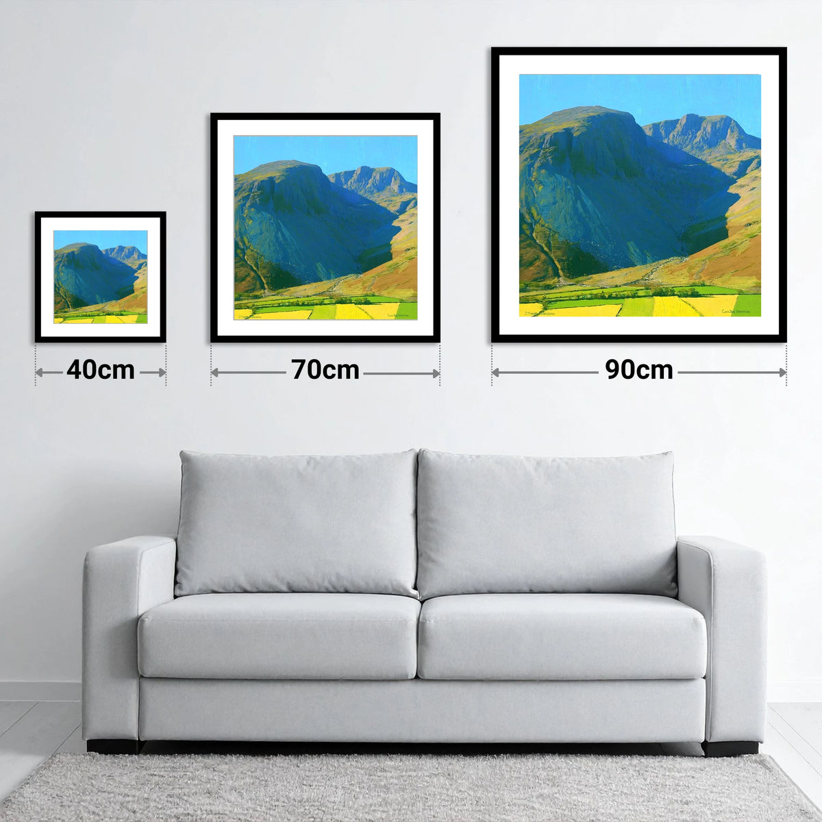 Sunlit Scafell Peaks and Ravine - size guide showing 40cm, 70cm and 90cm art prints