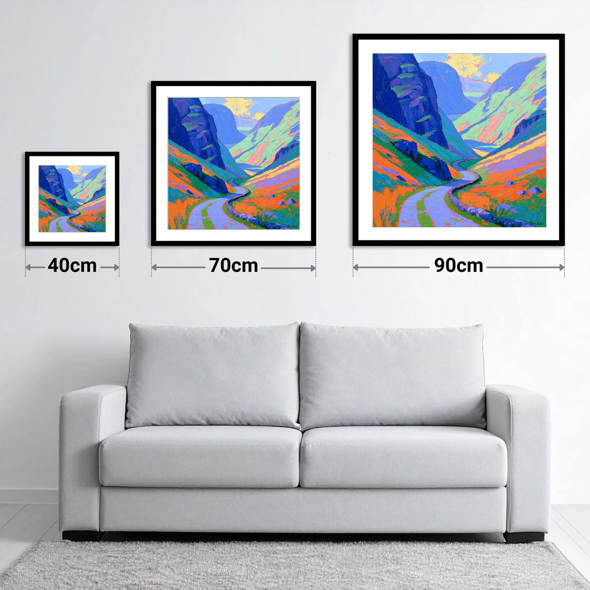 Mountain Pass With Violet Crags - size guide showing 40cm, 70cm and 90cm art prints