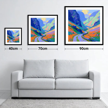 Mountain Pass With Violet Crags - size guide showing 40cm, 70cm and 90cm art prints