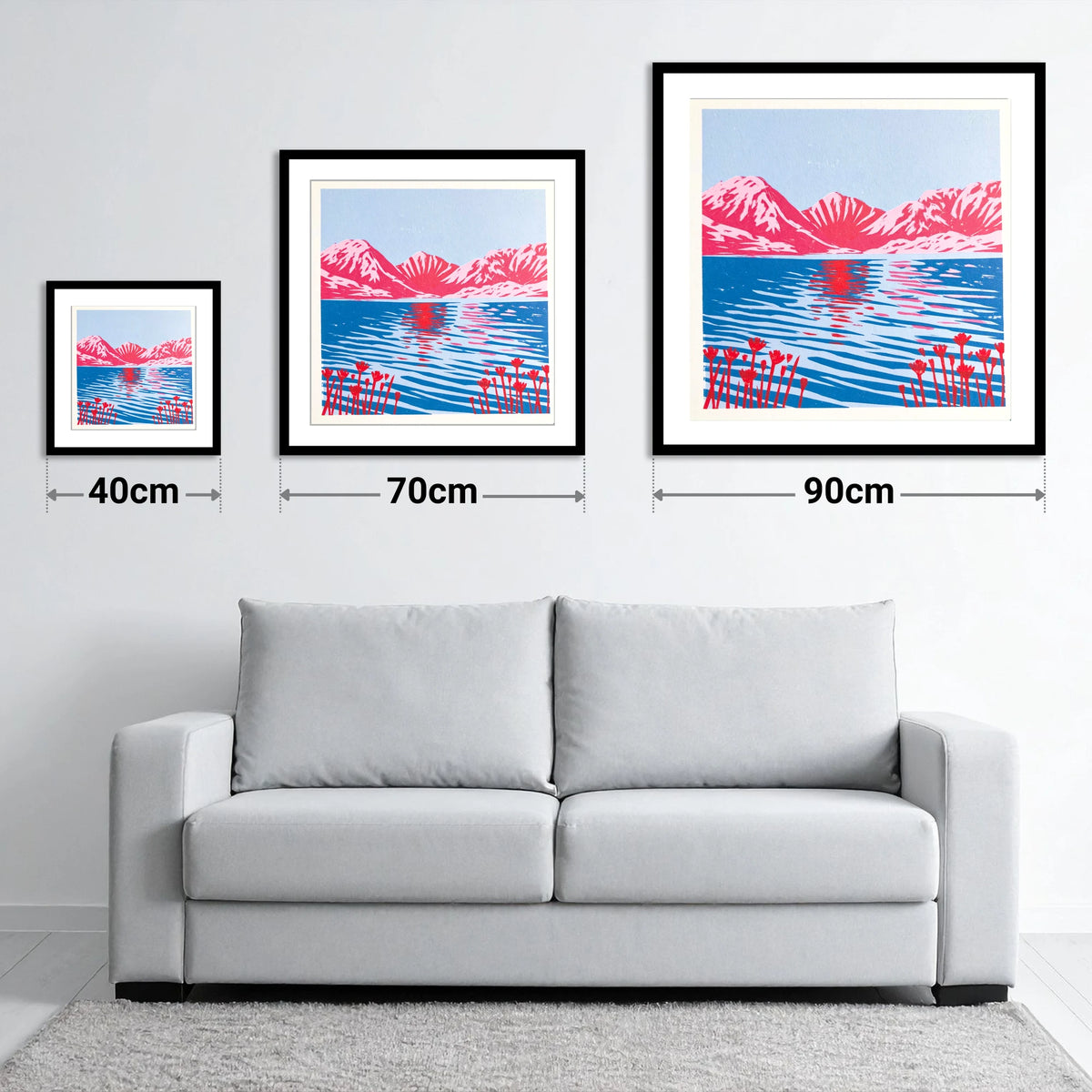 Vivid Fells Over Still Water - size guide showing 40cm, 70cm and 90cm art prints