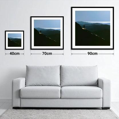 Summit View Across Blue Fells - size guide showing 40cm, 70cm and 90cm art prints